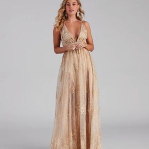 Windsor “Mona” Formal Plunge Glitter Dress—Style #

05002-0326